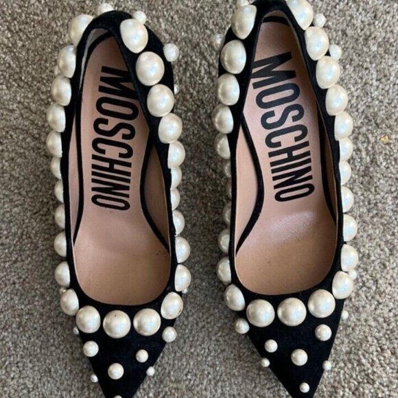 Moschino Suede Black 3" Heels Embellished with Pearls - Picture 4 of 6